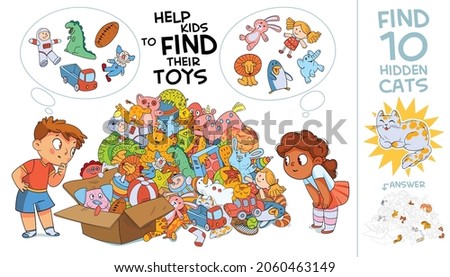 Help kids find their toys. Find 10 hidden cats. Children and huge bunch of different and colored toys. Find 10 hidden objects in the picture. Puzzle Hidden Items. Visual Game. Funny cartoon character