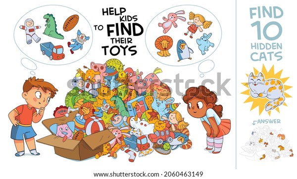 Help kids find their toys. Find 10 hidden cats.\
Children and huge bunch of different and colored toys. Find 10\
hidden objects in the picture. Puzzle Hidden Items. Visual Game.\
Funny cartoon character