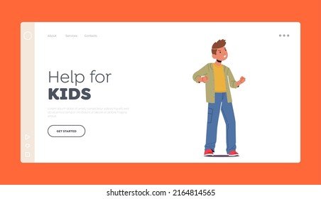 Help for Kids Landing Page Template. Angry Little Boy Evil Facial Expression. Unhappy Furious Kid Negative Emotion, Bad Mood Feelings. Wicked Child Character. Cartoon People Vector Illustration