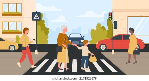 Help of kind courteous boy to old woman with cane to cross zebra on city street with traffic light vector illustration. Cartoon kid and grandmother pedestrians walk background. Elderly care concept