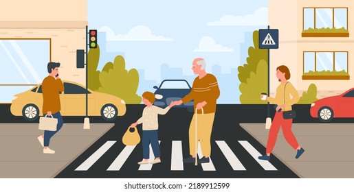 Help of kind courteous boy to old man with cane to cross zebra on city street with traffic light vector illustration. Cartoon kid and grandfather pedestrians walk background. Elderly care concept