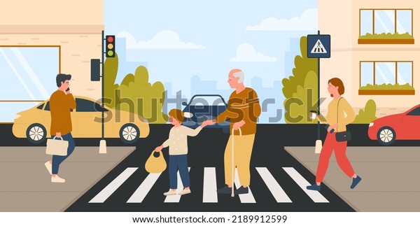 Help of kind courteous boy to old man with cane\
to cross zebra on city street with traffic light vector\
illustration. Cartoon kid and grandfather pedestrians walk\
background. Elderly care\
concept