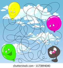 Help the kitten find his balloon. Labyrinth for children. Educational games Find the path. Vector illustration.