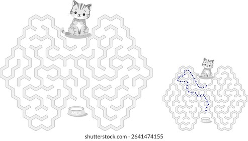 Help kitten pass through labyrinth to find a bowl with milk. Feed the hungry cat maze. Easy logic game for kids and parents with solution isolated on white background.