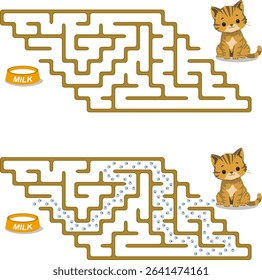 Help kitten pass through labyrinth to find a bowl with milk. Feed the hungry cat maze. Easy logic game for kids and parents with solution isolated on white background.