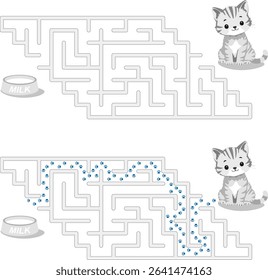 Help kitten pass through labyrinth to find a bowl with milk. Feed the hungry cat maze. Easy logic game for kids and parents with solution isolated on white background.