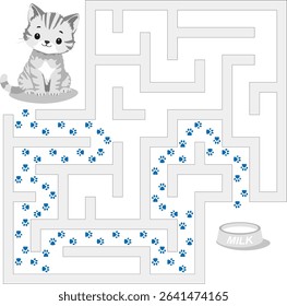 Help kitten pass through labyrinth to find a bowl with milk. Feed the hungry cat maze. Easy logic game for kids and parents with solution isolated on white background.