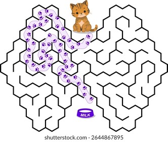 Ajude o gatinho a passar pelo labirinto para encontrar uma tigela com leite. Alimente o labirinto de gato faminto. Fácil jogo de lógica para crianças e pais com solução isolada no fundo branco.