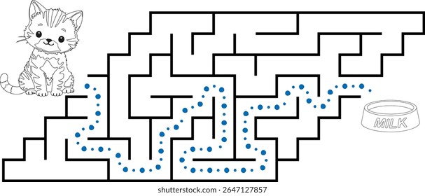 Help kitten pass through labyrinth to find a bowl with milk. Feed the hungry cat maze. Easy logic game for kids and parents with solution isolated on white background.