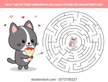 Help the kittens congratulate each other on valentines day. Round maze. Labyrinth for kids. Cartoon, isolated vector illustration eps 10