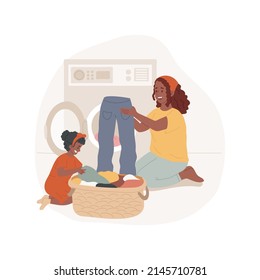 Help With Laundry Isolated Cartoon Vector Illustration. Kids Helping Mom With Laundry, Mother And Child Loading Washing Machine Together, Family Daily Routine, House Work Vector Cartoon.