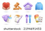 Help, legal services, housing, clothing, goods for children, hygiene, food, medicines. 3d vector icon set