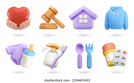 Help  legal services  housing  clothing  goods for children  hygiene  food  medicines  3d vector icon set