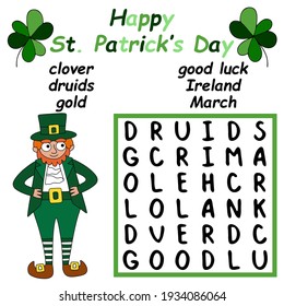 Help the leprechaun to find and mark all hidden words stock vector illustration. Patrick's Day word game printable activity page for kids. Irish mood word search puzzle for toddlers. One of a series