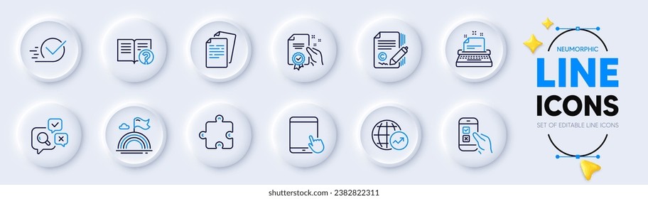 Iconos de línea de ayuda, Lgbt y Checkbox para aplicación web. Paquete de certificado, encuesta móvil, inspeccionar iconos del pictograma. Escritura de copias, documentos, signos de rompecabezas. Estadísticas mundiales, máquina de escribir, Tablet PC. Vector