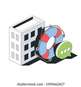 Ayuda, salvavidas, burbuja de chat, ilustración de apoplejía. Vector 3d línea isométrica, iconos de color web, nuevo estilo plano. Idea de diseño creativo para infografías.