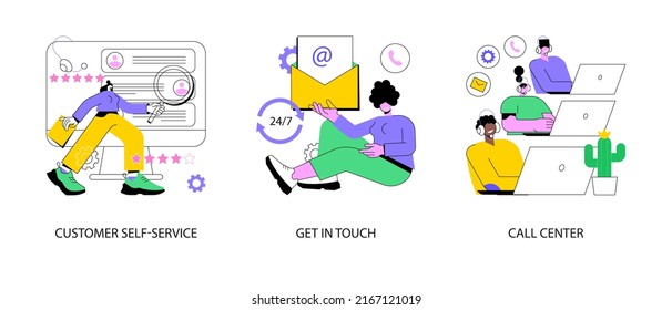 Help Line Abstract Concept Vector Illustration Set. Customer Self-service, Get In Touch, Call Center, Online Assistance, FAQ, E-support System, Live Chat, Virtual Service Point Abstract Metaphor.