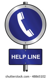 Help line graphic and text information sign mounted on post