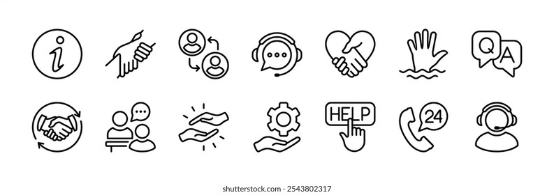 Conjunto de iconos de línea de ayuda. Contiene información, trabajo en equipo, caridad, Servicio al cliente, voluntariado, solidaridad, call center, entrevista, colaboración, cuidado, Asistencia, pregunta y respuesta, amistad, colaboración