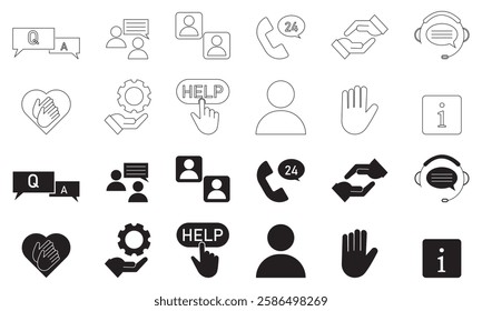 Help line icon set with information, teamwork, charity, and customer service concepts