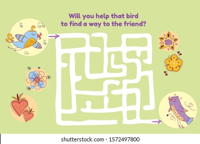 Help little bird find a way to the friend. Maze for children.