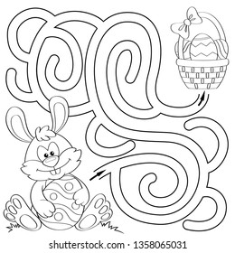 Help little bunny find path to easter basket with eggs. Labyrinth. Maze game for kids. Black and white illustration for coloring book