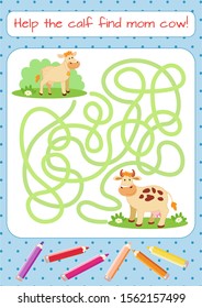 Help the little calf find mom. Educational game for children. Cartoon vector illustration