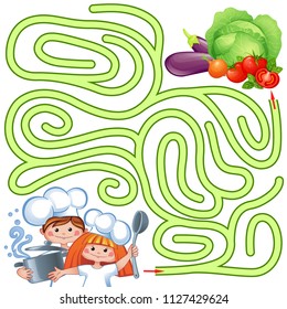 Help little chefs find path to vegetable. Labyrinth. Puzzle. Maze game for kids