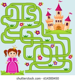 Help little cute princess find path to castle. Labyrinth. Maze game for kids