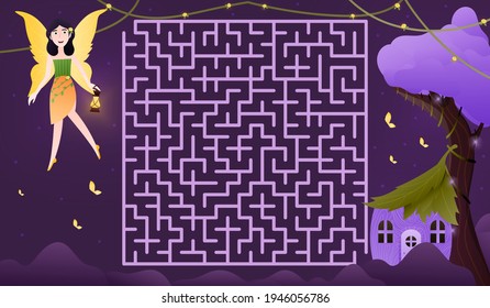 Help little fairy to find right way to home, kids game for books or school worksheets, fairytale concept in cartoon style on dark background