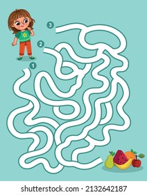 Help the little girl to reach delicious fruits. Maze game vector illustration for children.