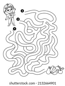 Help the little girl to reach delicious fruits. Black and white maze game for children.
