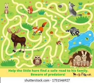 Help the little hare find a safe road to his family. Beware of predators! Color maze or labyrinth game for children. Puzzle. Tangled road. Forest animals for kids.