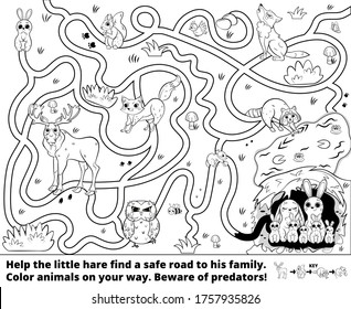 Help the little hare find a safe road to his family. Color animals on your way. Beware of predators! Printable maze or labyrinth game for children. Puzzle. Tangled road. Black and white for coloring.