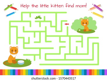 Help the little kitten find mom. Educational game for children. Cartoon vector illustration