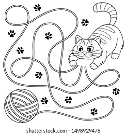 Help little kitten find path to ball of thread. Labyrinth. Maze game for kids. Black and white illustration for coloring book