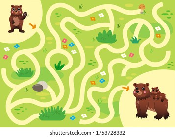 Help the little lost bear find the way to his mom. Color cartoon maze or labyrinth game for preschool children. Puzzle. Tangled road. Forest animals for kids.