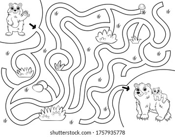 Help the little lost bear find the way to his mom. Cartoon maze or labyrinth game for preschool children. Puzzle. Tangled road. Forest animals for kids. Black and white for coloring