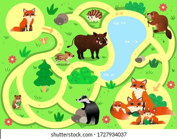 Help the little lost fox find the way to his family. Color maze or labyrinth game for preschool children. Puzzle. Tangled road. Forest animals for kids.