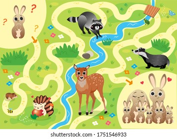 Help the little lost hare find the way to his family. Color maze or labyrinth game for preschool children. Puzzle. Tangled road. Forest animals for kids.