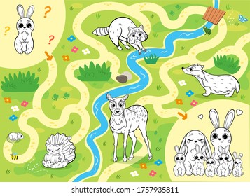Help the little lost hare find the way to his family. Color the animals on your way. Printable coloring maze or labyrinth game for preschool children. Puzzle. Tangled road. Forest animals for kids.