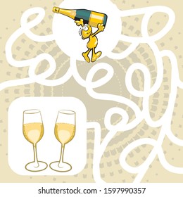 Help the little man find the champagne glasses. Didactic maze for preschoolers, to learn by playing. Vector illustration in cartoon style available in EPS 10.