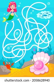 Help the little mermaid find the pink pearl. Maze game for children. Vector illustration.