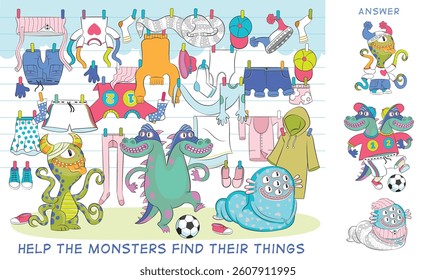 Help little monsters find their things, pick out their clothes. Educational game for children. Cartoon vector illustration