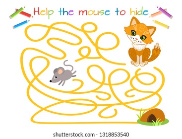 Help the little mouse escape from the cat. Labyrinth. Maze game for kids. Educational game for children. Cartoon vector illustration