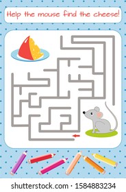 Help the little mouse find cheese. Educational mini-game for children. Cartoon vector illustration