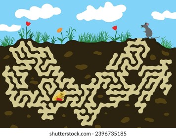 Help little mouse find a food - ears of wheat and berries underground. Vector colorful picture with mouse, labyrinth under the field with flowers and grass. Maze game for childrens.  