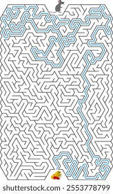 Help little mouse find a food - ears of wheat and berries. Vector underground flat labyrinth. Maze game inside the ground hole for childrens.