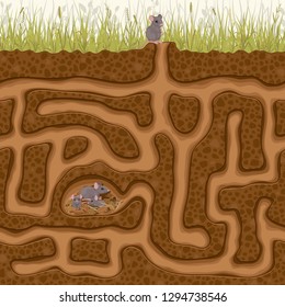 Help the little mouse find his family in the hole. Children's game picture puzzle with a labyrinth.