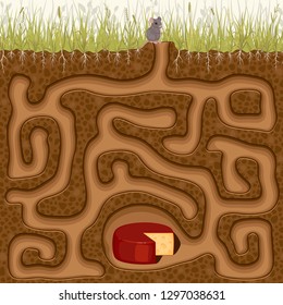 Help the little mouse get to the cheese. Children's game picture puzzle with a labyrinth.